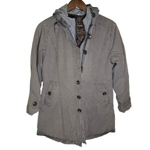 Womens Taupe Gray Cotton Utility Jacket Hooded Parka Coat Houndstooth Trim